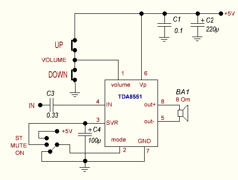 TDA8551 — маломощный усилитель с регулятором громкости
