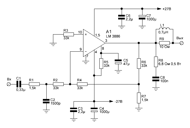 Схема усилителя LM3886