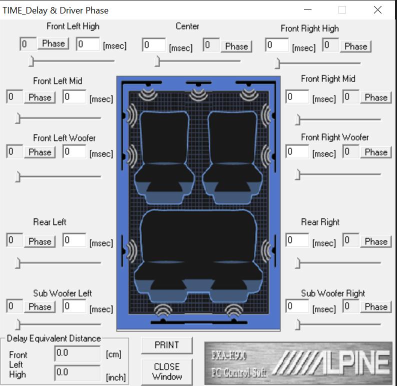 Окно TIME, Delay and Driver Phase программы PXA-H900 PC Control Soft с задержками по динамикам