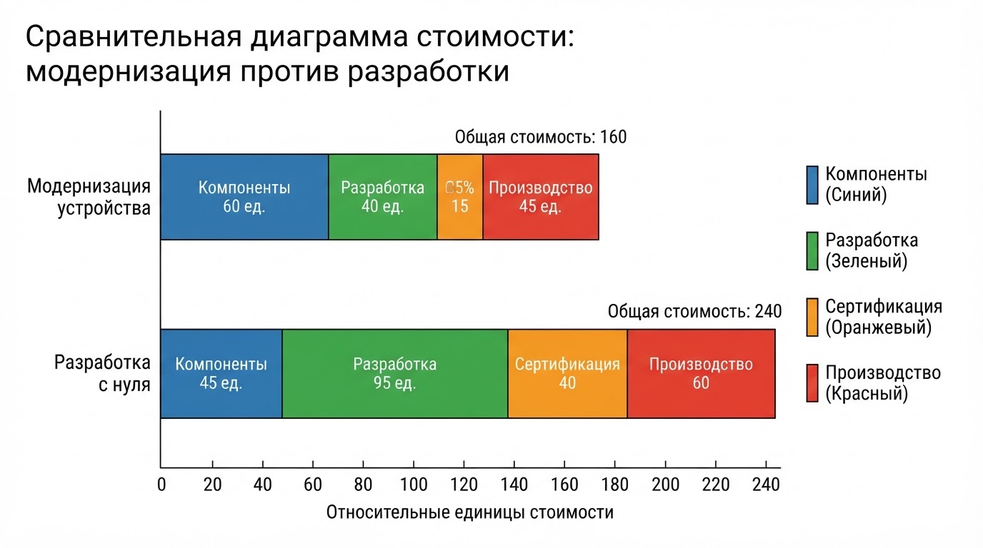 Сравнительная диаграмма стоимости: модернизация устройства против разработки с нуля, столбцы бюджета на компоненты, разработку, сертификацию и производство, горизонтальная гистограмма