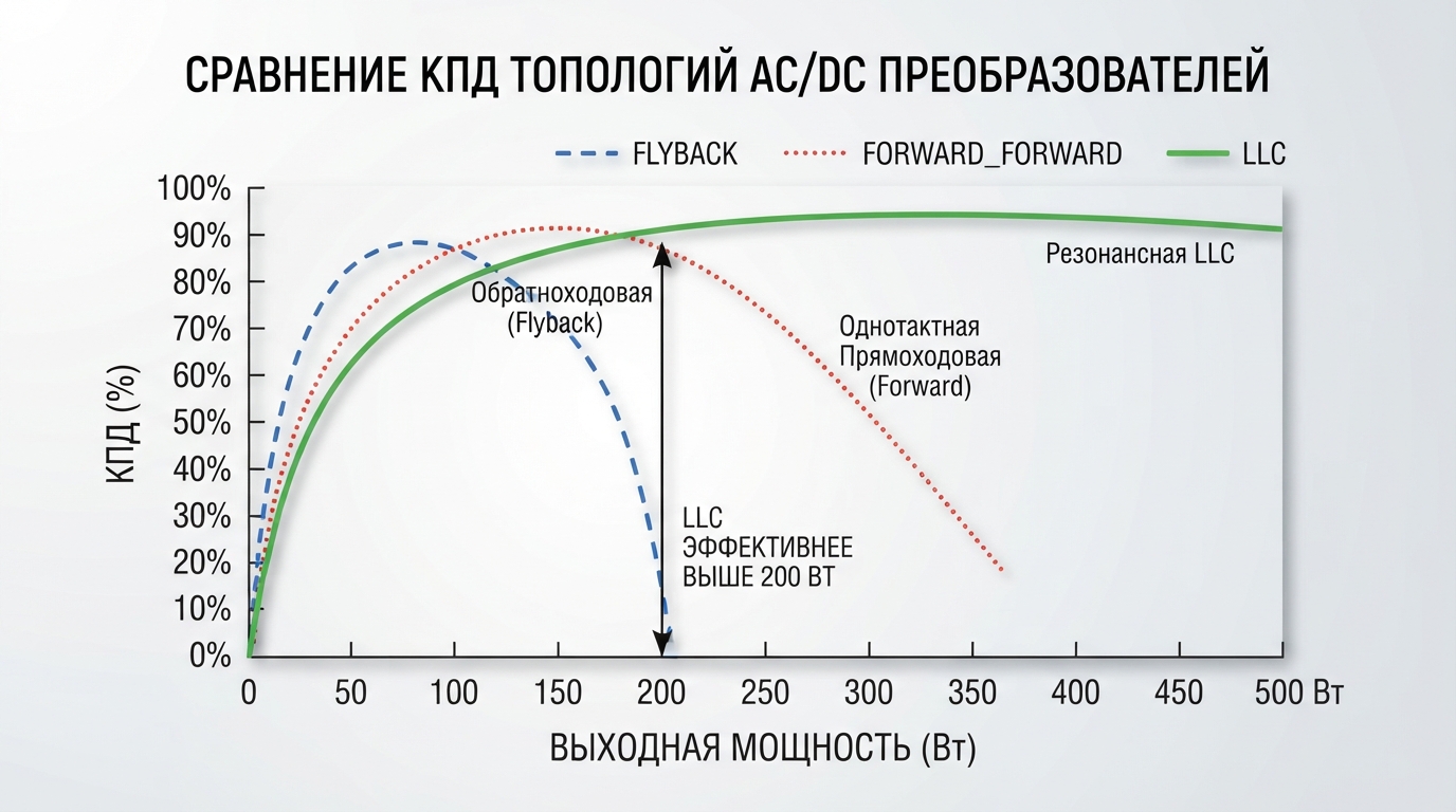 График сравнения КПД трёх топологий AC/DC преобразователей: flyback, forward, LLC; на оси X — выходная мощность, на оси Y — процент КПД; кривые показывают преимущество LLC выше 200 Вт, вид с подписями