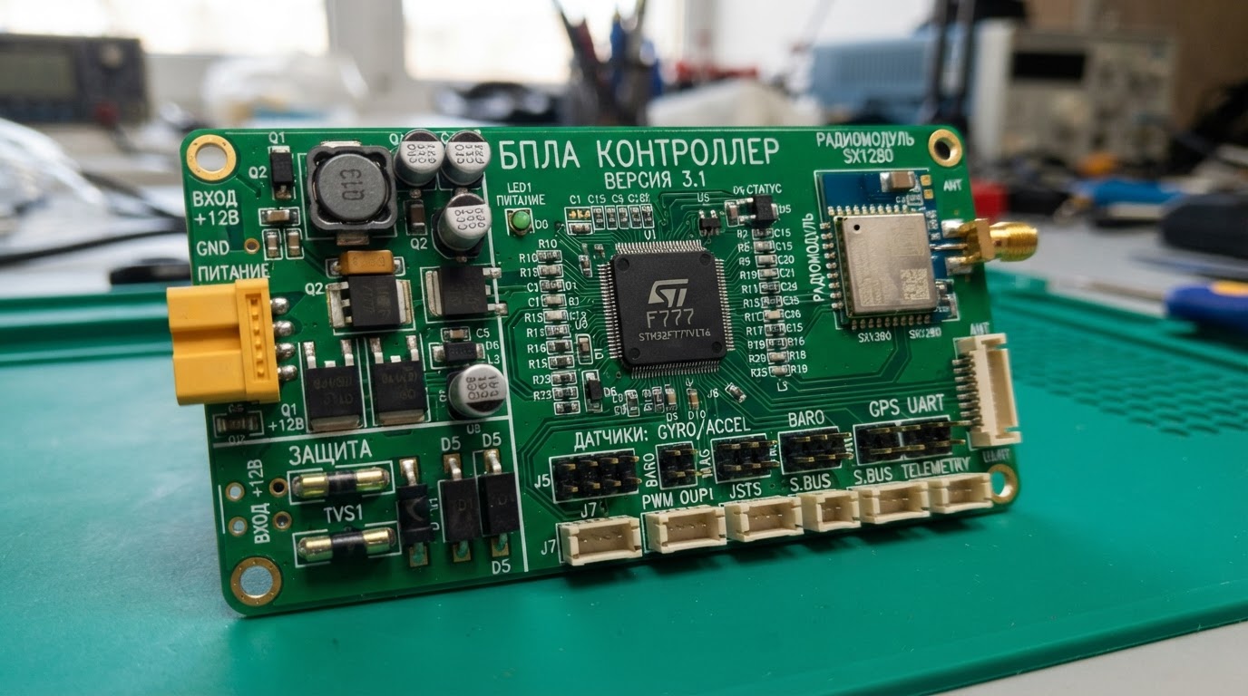Фотография прототипа печатной платы контроллера БПЛА: микроконтроллер STM32, разъёмы для датчиков, радиомодуль, силовые цепи с защитой