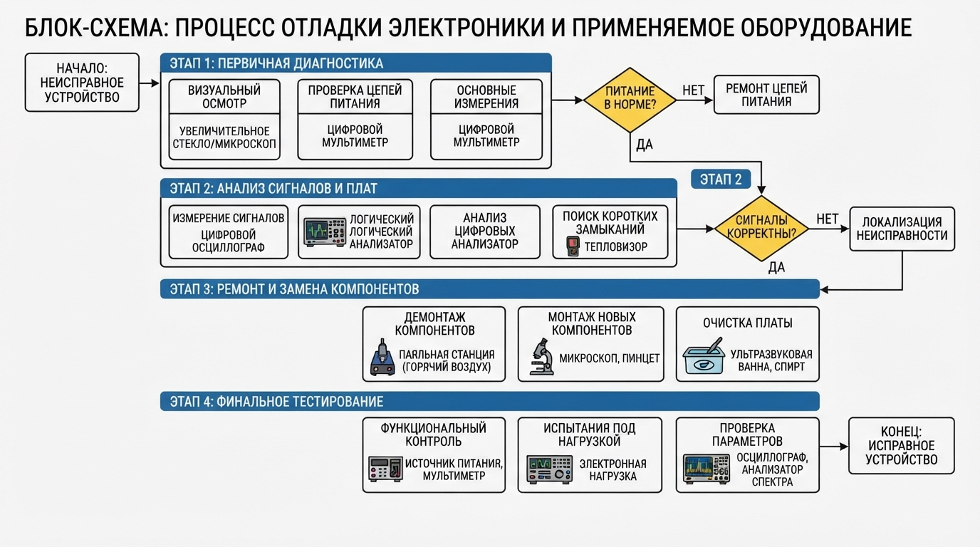 Блок-схема процесса отладки электроники: этапы от первичной диагностики до финального тестирования, с указанием применяемого оборудования на каждом шаге