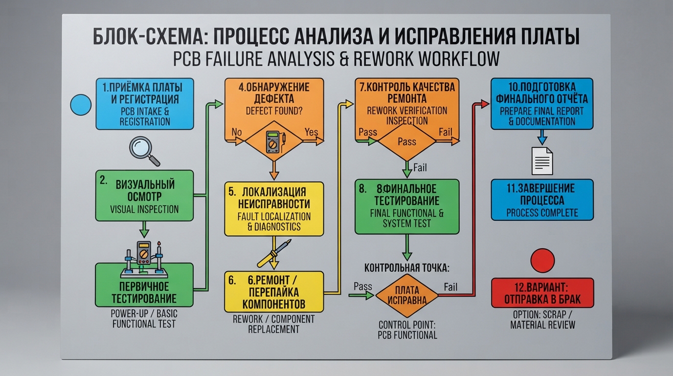 Блок-схема процесса анализа и исправления: от приёмки платы до финального отчёта, с указанием этапов и контрольных точек