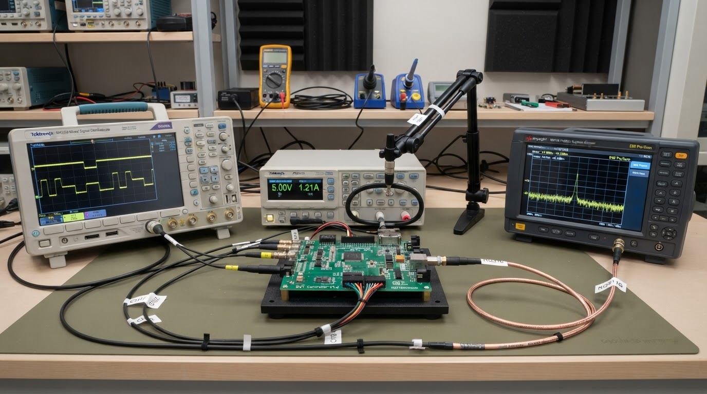 Фотография измерительного стенда для предварительного EMC-тестирования: анализатор спектра с подключённым пробником ближнего поля, осциллограф, тестируемая плата контроллера на лабораторном столе, коаксиальные кабели