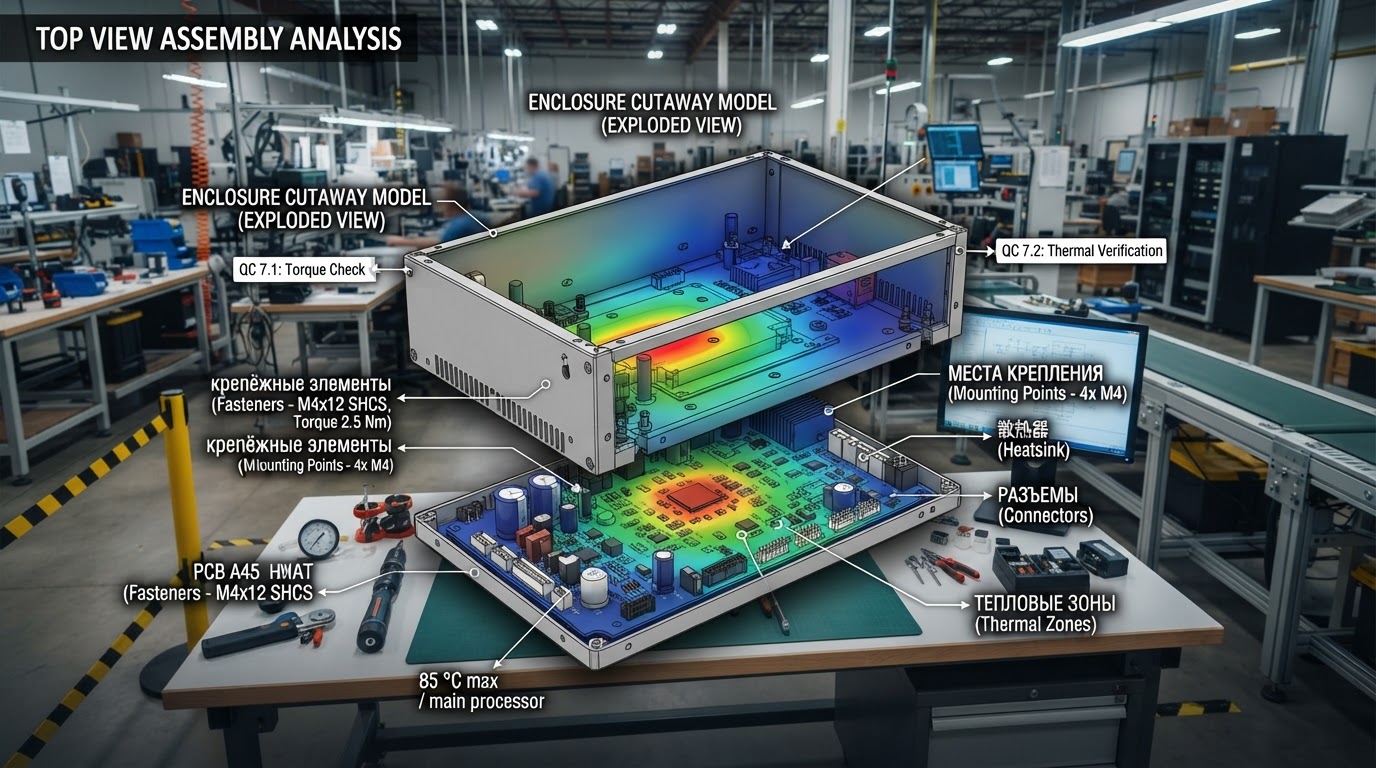 Техническая схема инженерного анализа корпуса: 3D-модель корпуса в разрезе, печатная плата с компонентами, тепловая карта распределения температур, обозначения крепёжных элементов, вид сверху