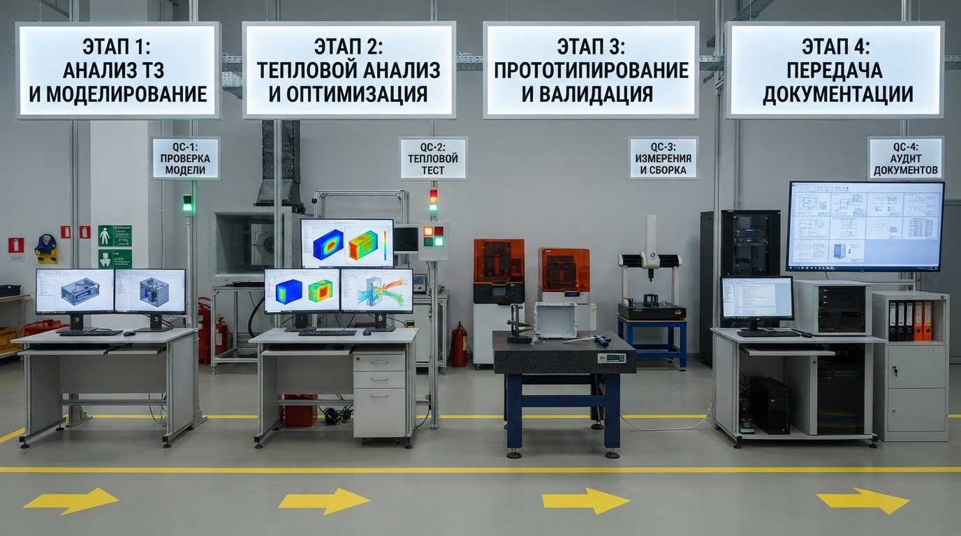 Блок-схема этапов подготовки корпуса к производству: от анализа ТЗ через 3D-моделирование, тепловой анализ, прототипирование до передачи документации, горизонтальная последовательность