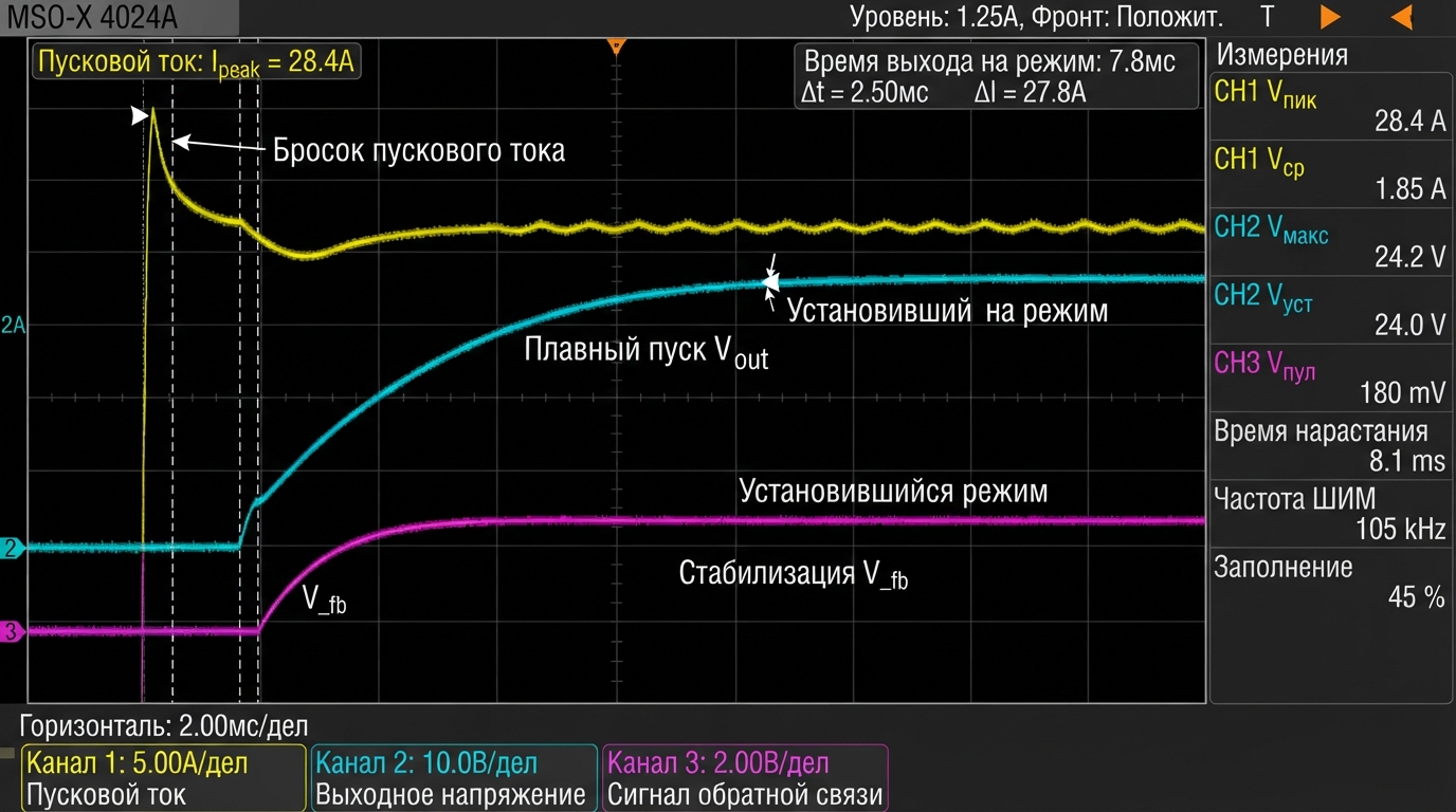 Осциллограмма переходного процесса при включении импульсного источника питания: пусковой ток, выходное напряжение, сигнал обратной связи, временная развёртка 2 мс/дел