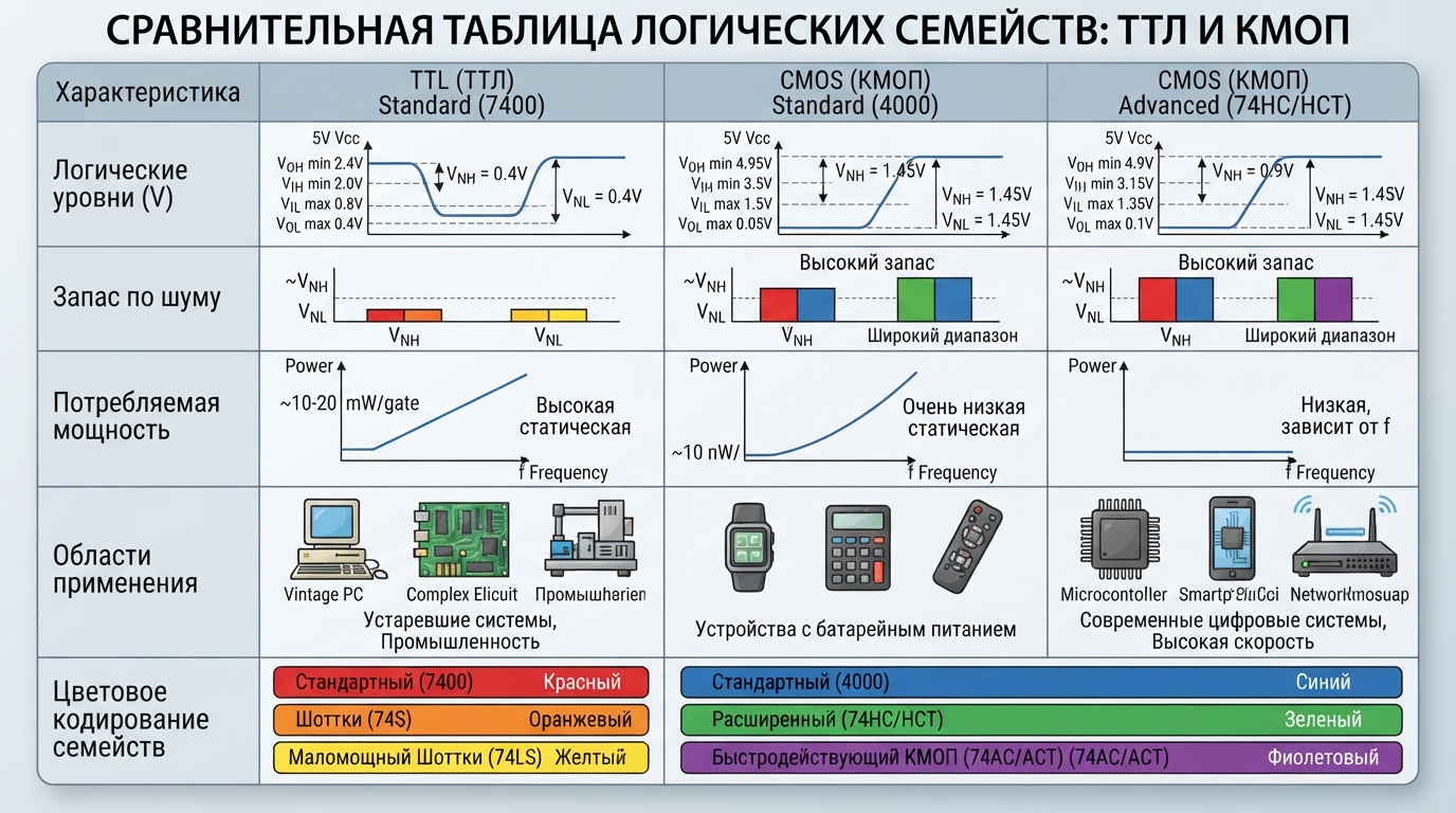Сравнительная таблица в виде инфографики: логические уровни ТТЛ и КМОП, запас по шуму, потребляемая мощность, области применения, цветовое кодирование семейств