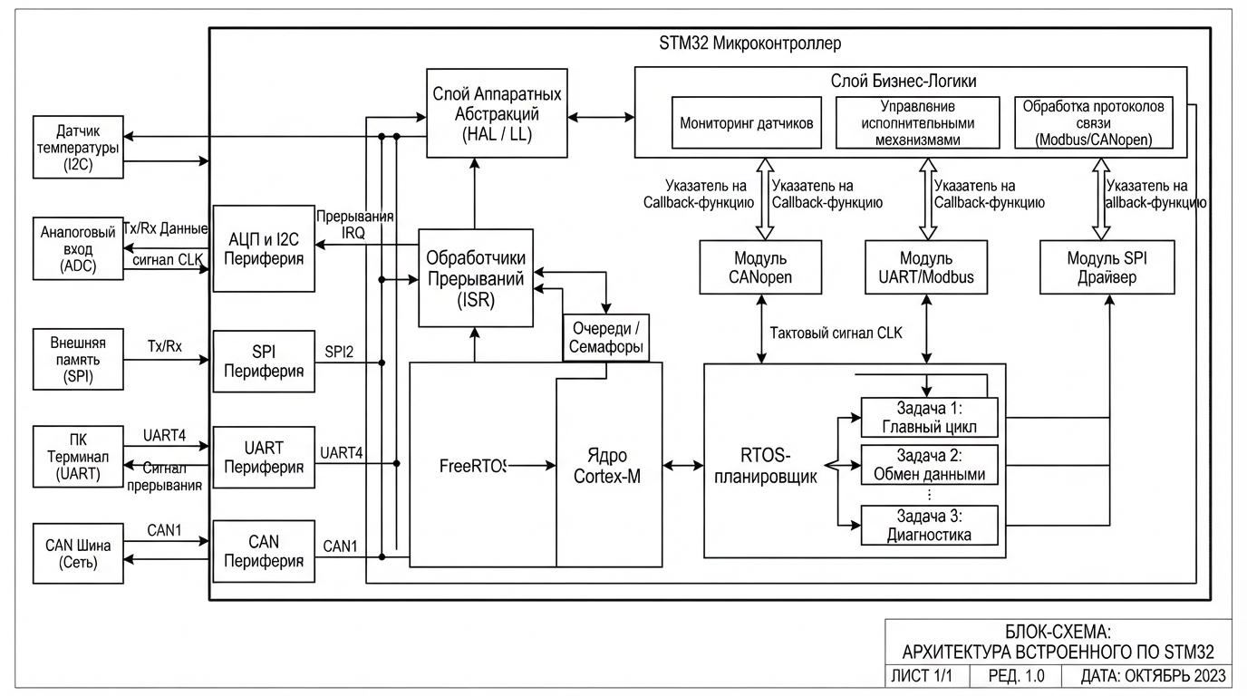 Блок-схема архитектуры встроенного ПО: микроконтроллер STM32, модули UART/SPI/CAN, RTOS-планировщик, обработчики прерываний, слой бизнес-логики, связи через callback-указатели
