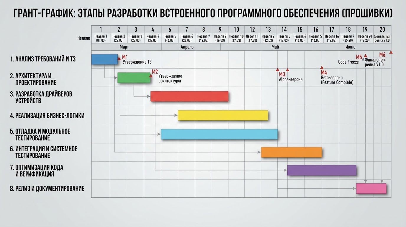 График Ганта этапов разработки прошивки: анализ ТЗ, архитектура, драйверы, бизнес-логика, тестирование, оптимизация, с указанием сроков