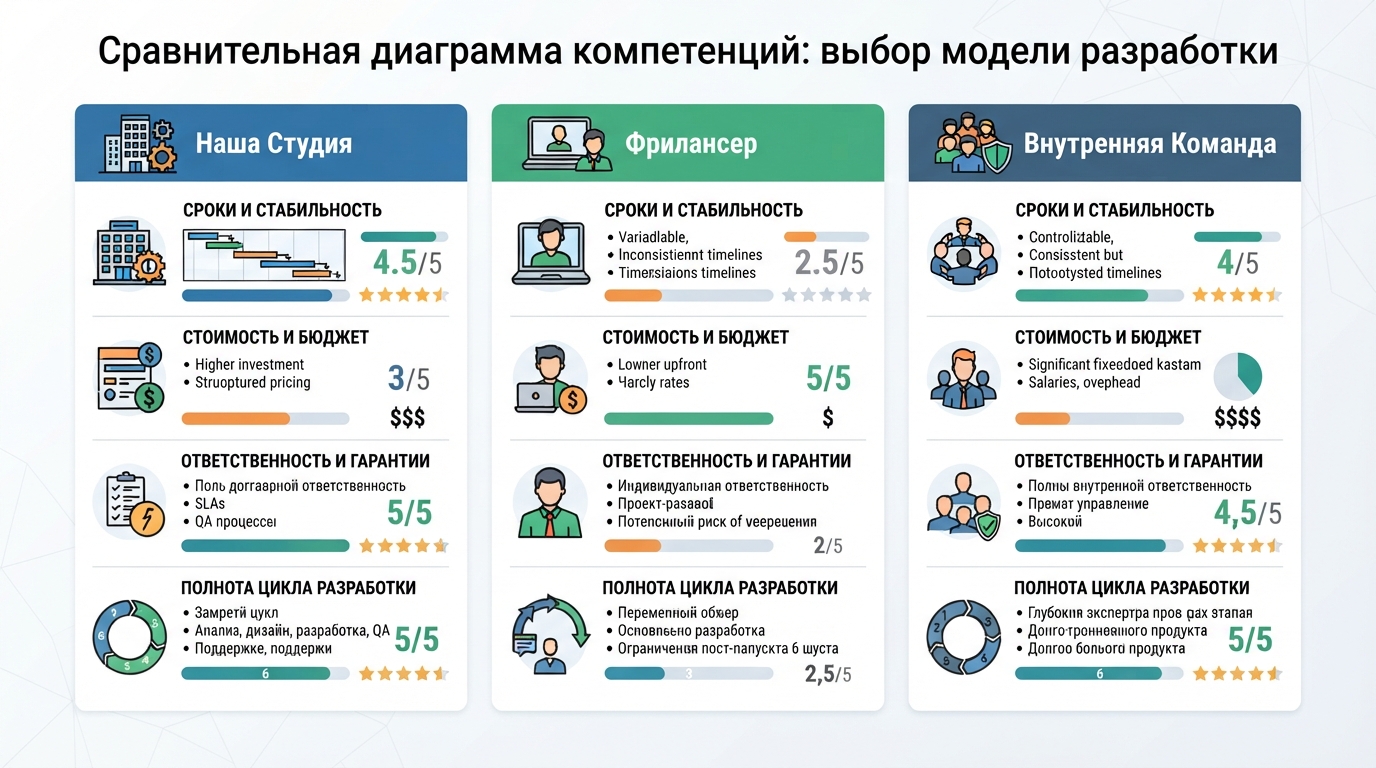 Сравнительная диаграмма компетенций: наша студия, фрилансер, внутренняя команда — по критериям сроков, стоимости, ответственности и полноты цикла разработки
