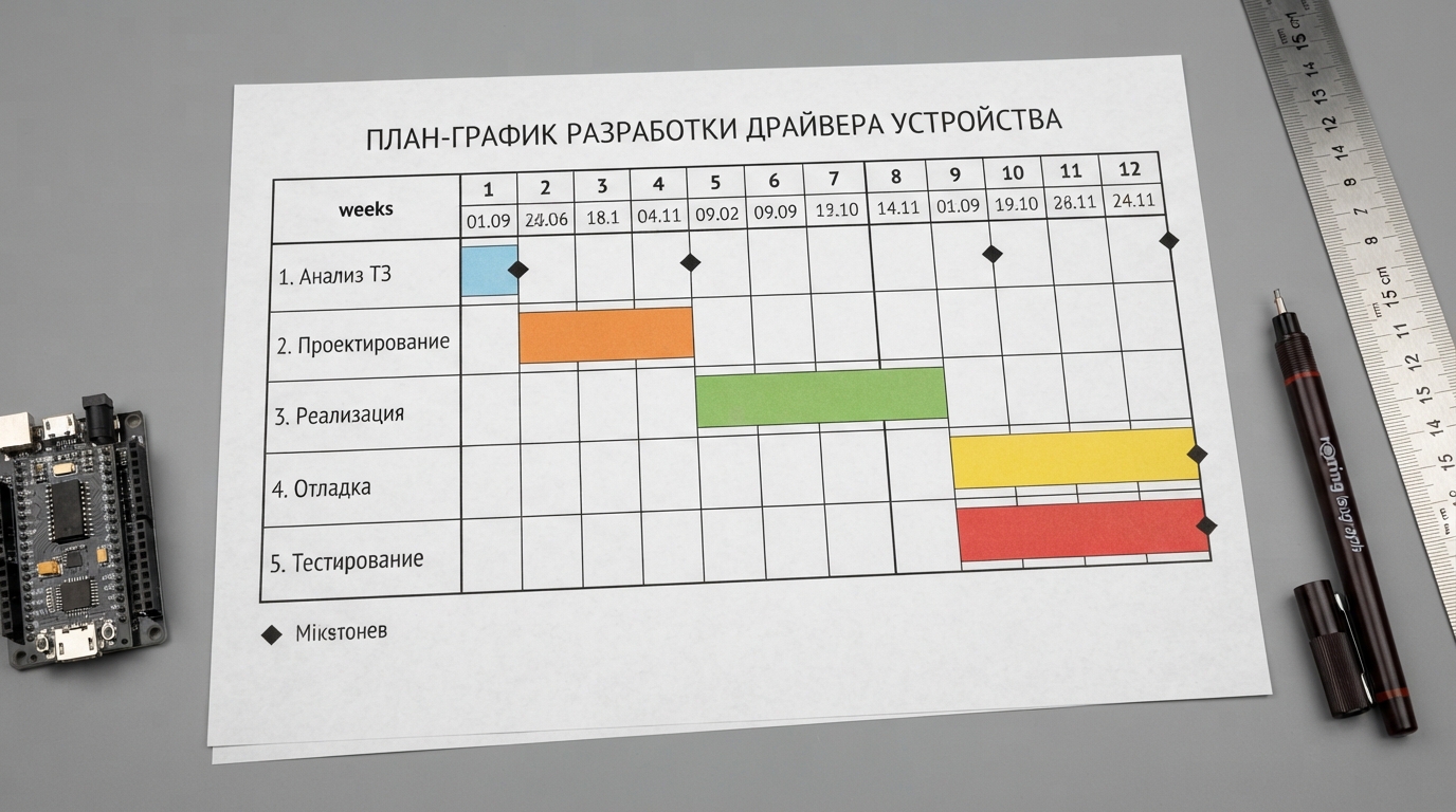 Диаграмма Ганта этапов разработки драйвера: анализ ТЗ, проектирование, реализация, отладка, тестирование, с цветными полосами сроков