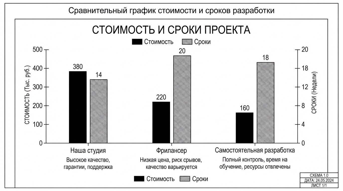 Сравнительная таблица-график стоимости и сроков: наша студия, фрилансер, самостоятельная разработка — столбчатая диаграмма с подписями