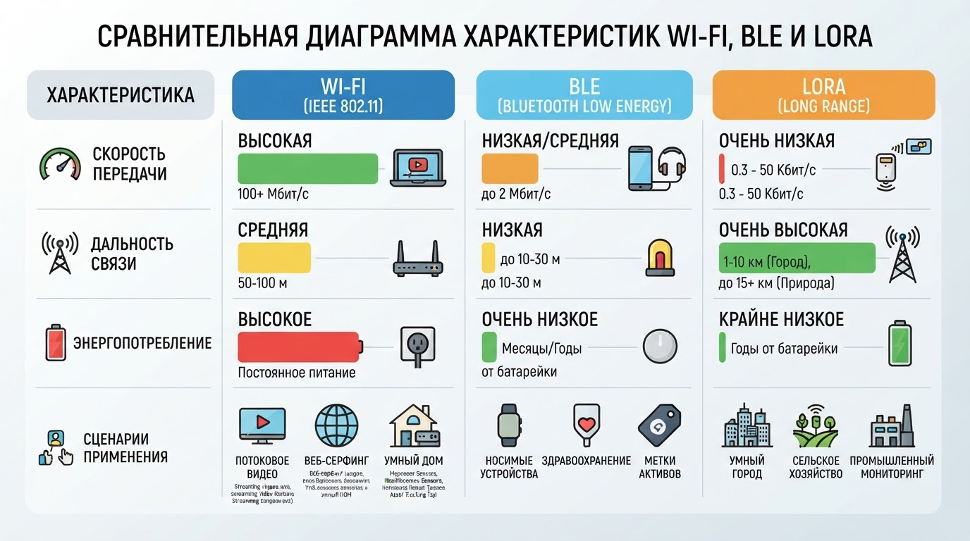 Сравнительная диаграмма характеристик Wi-Fi, BLE и LoRa: скорость передачи, дальность, энергопотребление, сценарии применения