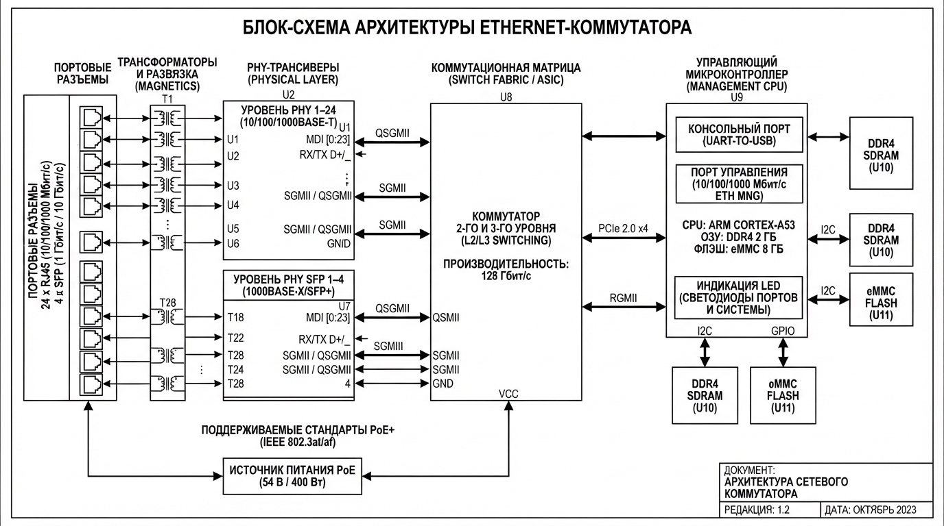 Блок-схема архитектуры Ethernet-коммутатора: PHY-трансиверы, коммутационная матрица, управляющий микроконтроллер, порты RJ45 и SFP, вид сверху