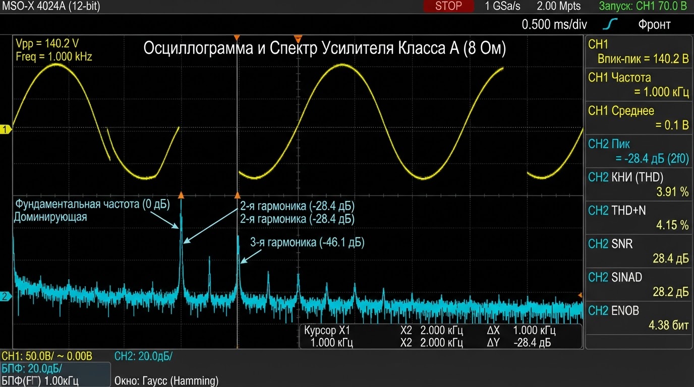 Осциллограмма выходного сигнала усилителя класса A: синусоидальный сигнал на нагрузке 8 Ом, спектр гармоник с доминирующей второй гармоникой, шкала искажений в процентах